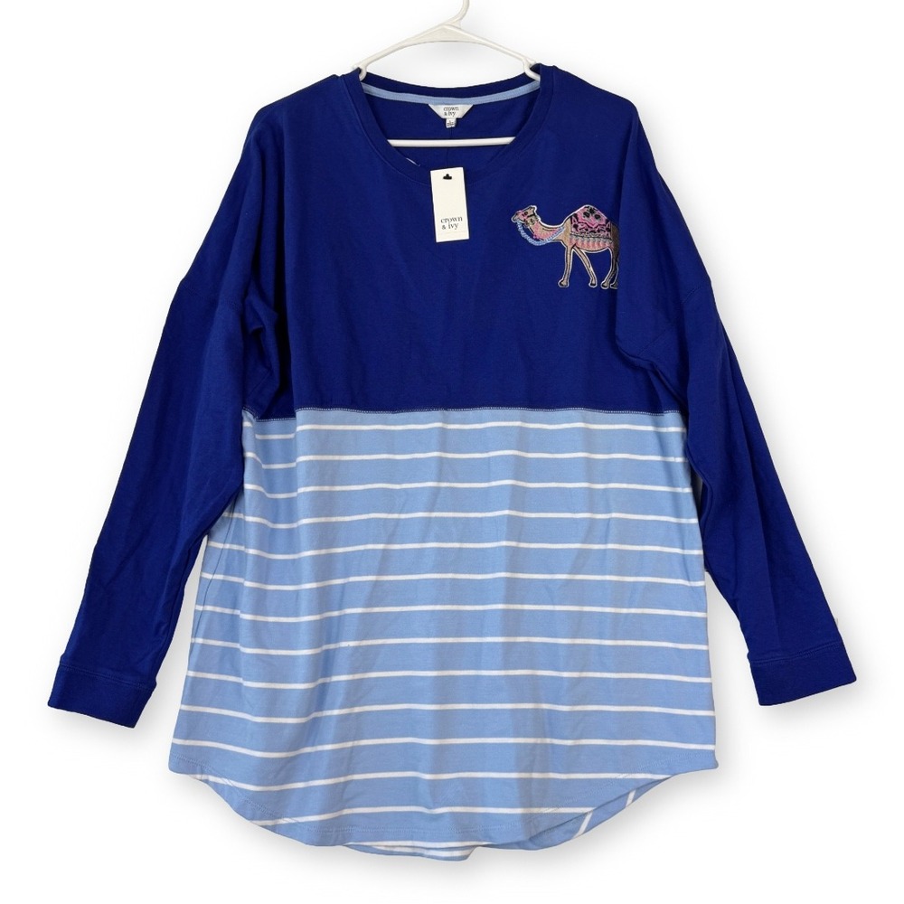 Crown & Ivy Womens Blue Striped Camel Embroidered Sweeper Top L Large NWT